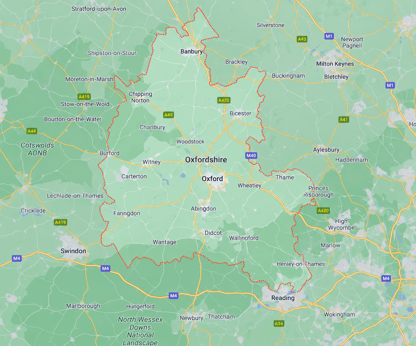 Map of Oxfordshire showing the county boundary and surrounding towns